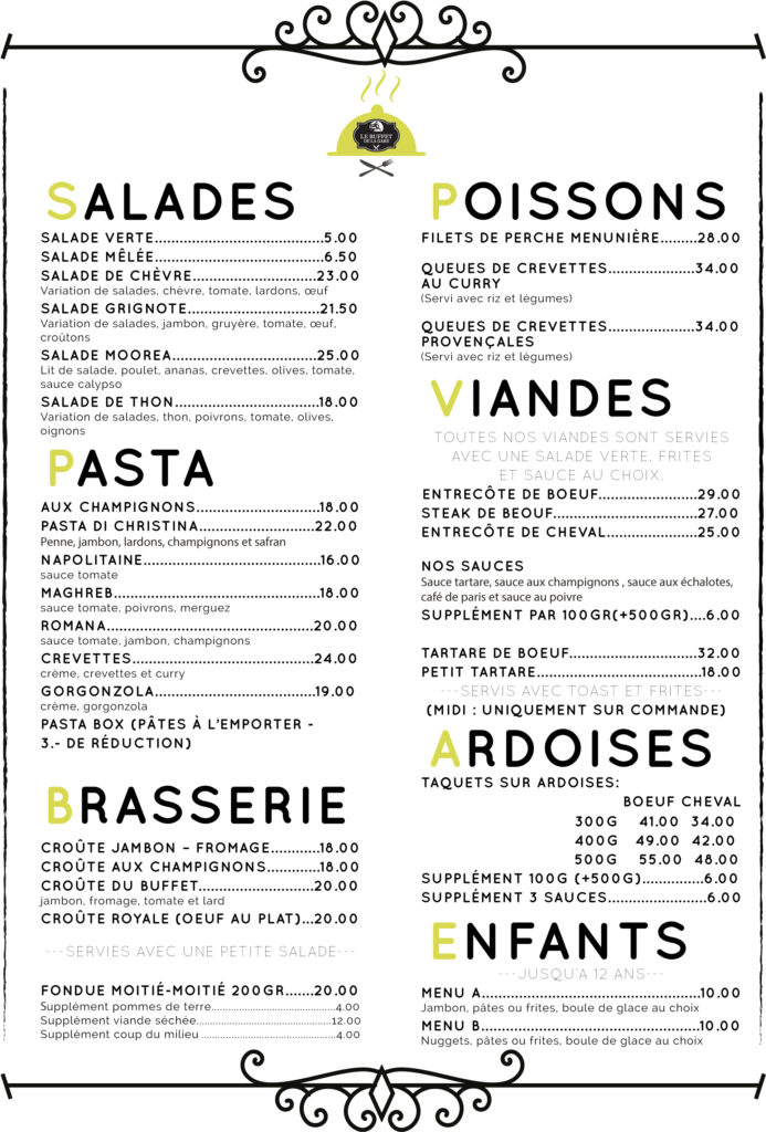 Carte des mets Restaurant Buffet de la gare Vallorbe